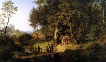 Adrian Ludwig Richter : Bridal Procession In A Spring Landscape